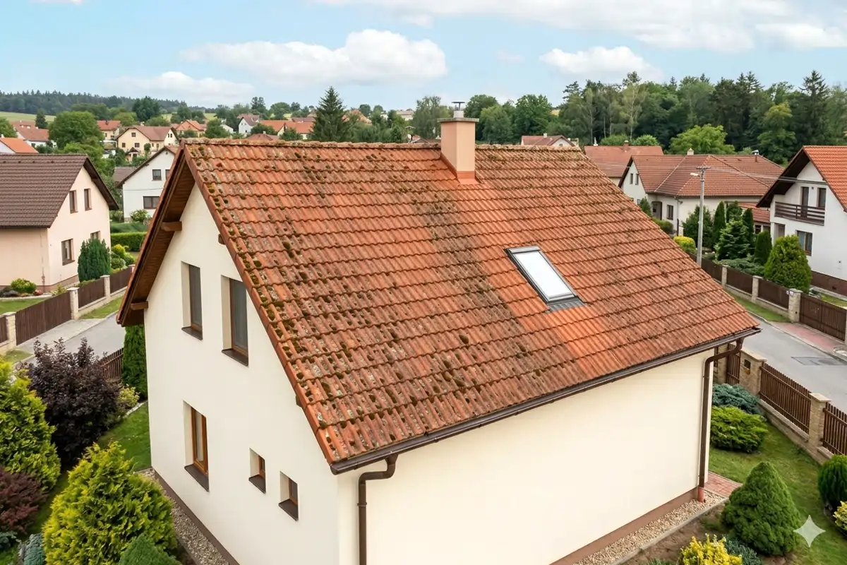 Znečistená strecha pred profesionálnym čistením