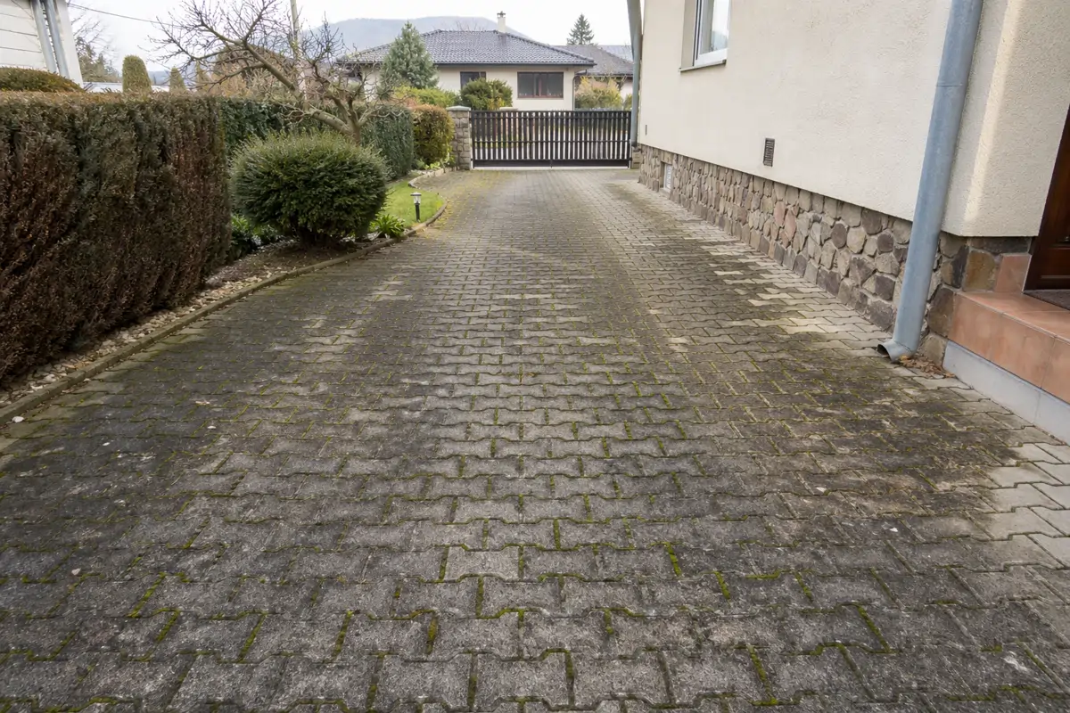 Znečistená zámková dlažba pred profesionálnym čistením